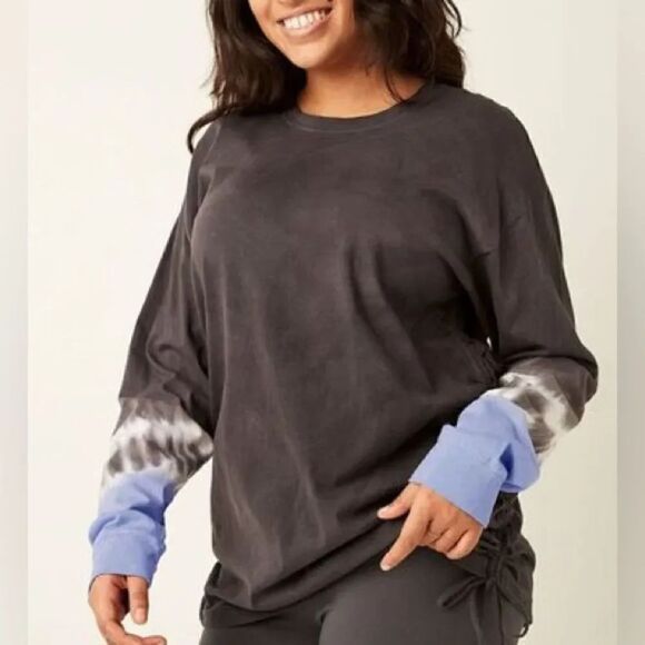 PINK Victoria's Secret Sweaters - Victorias Secret Pink Campus Long Sleeve Ruched Sides Cotton Tee Shirt gray blue